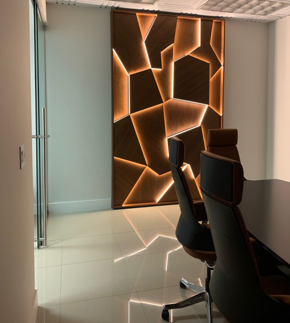 Geometric Wood Wall Panel with Backlighting